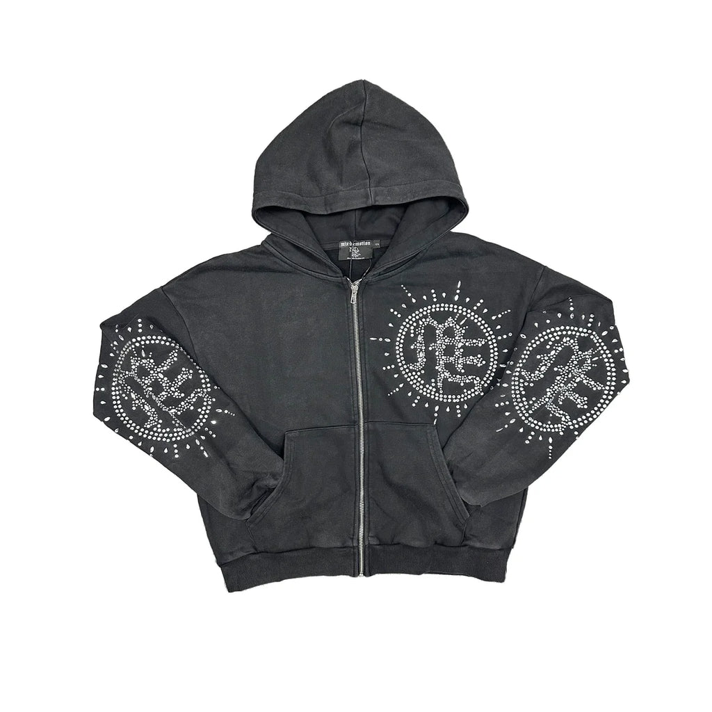 ECLIPSE’ GREY ACID WASH RHINESTONE HOODIE