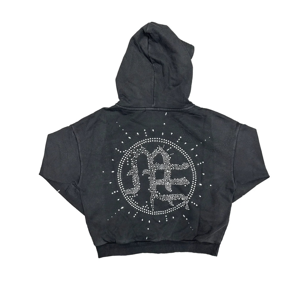 ECLIPSE’ GREY ACID WASH RHINESTONE HOODIE